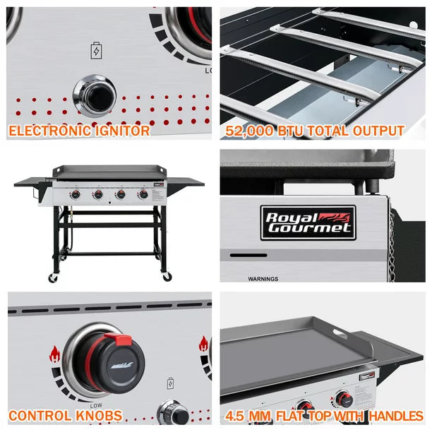 Royal Gourmet GB4002 4-Burner Griddle Flat Top Gas Grill, 36-Inch Propane Outdoor BBQ, Black