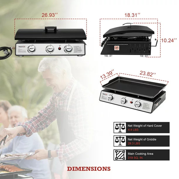 Royal Gourmet PD1301S Portable 24-Inch 3-Burner Table Top Gas Grill Griddle with Cover 25 500 BTUs Outdoor Cooking Camping or Tailgating Black